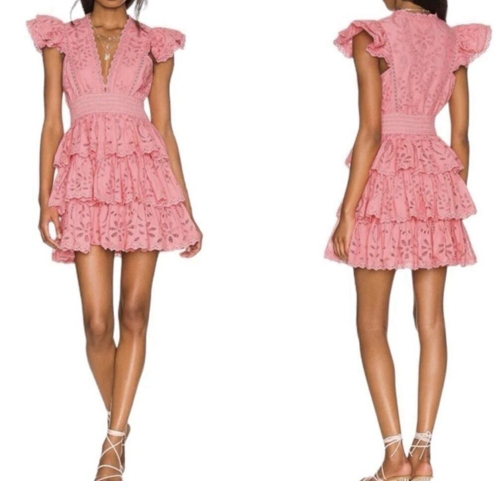 Rococo Sand Moss Short Mini Dress Tiered Bubblegum Cotton Pink Small